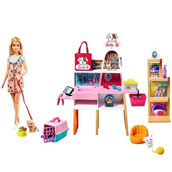 Muñeca Barbie y set de juego, tienda de mascotas con 4 mascotas, función de cuidado que cambia de color y más de 20 accesorios temáticos.