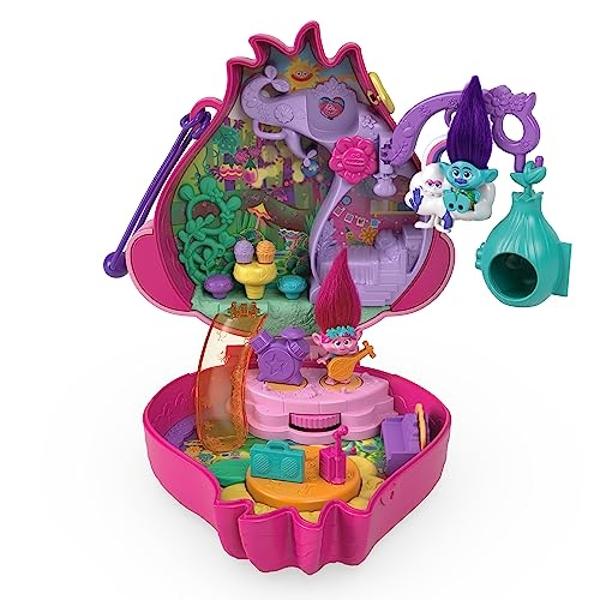 Polly Pocket Trolls - Juego compacto con 2 micromuñecas y 13 accesorios, exterior de Poppy con pelo suave, juguete coleccionable que incluye a Poppy y Branch