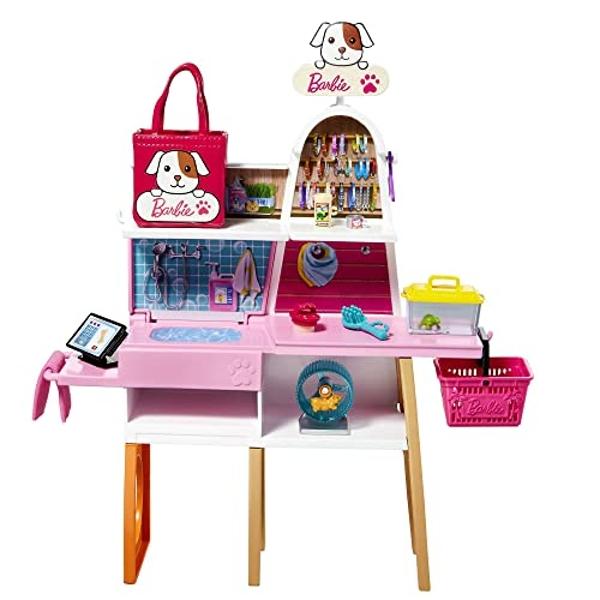 Muñeca Barbie y set de juego, tienda de mascotas con 4 mascotas, función de cuidado que cambia de color y más de 20 accesorios temáticos.