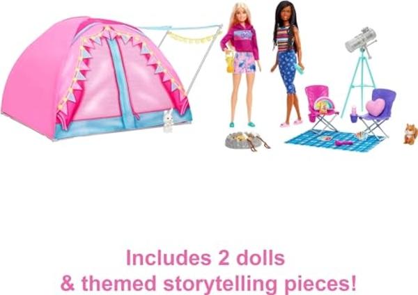 Muñecas Barbie y 20 accesorios, juego de tienda de campaña "It Takes Two" con Brooklyn y Malibú, además de 2 animales en movimiento.