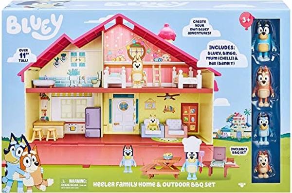 Mega Pack de Bluey: Casa Familiar y Barbacoa - Exclusivo de Amazon, 4 figuras (Bluey, Bingo, Bandit, Chilli), más de 13 muebles desmontables, patio exterior, accesorios, juego imag
