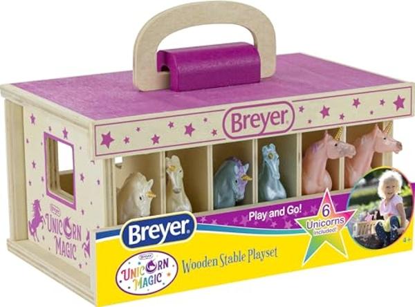 Establo de madera Breyer Unicorn Magic con 6 unicornios