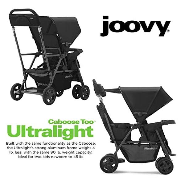 Cochecito doble ultraligero Joovy Caboose Too Graphite con asiento de pie y adaptador universal para asiento de coche, asientos reclinables de 3 posiciones y opción de usar asiento