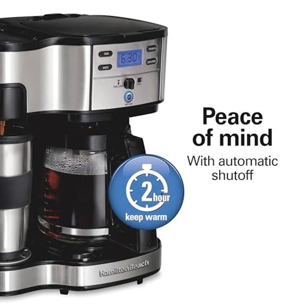 Cafetera Hamilton Beach de goteo programable de 2 vías para 12 tazas y monodosis, jarra de vidrio, pausa y vertido automáticos, color negro (49980R)