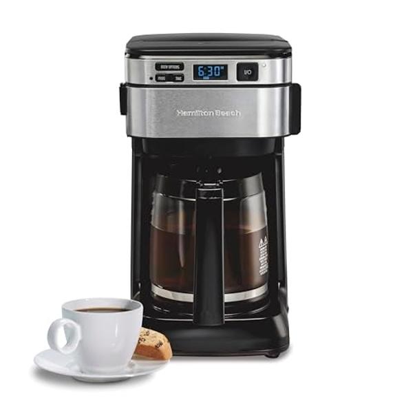 Cafetera Hamilton Beach de goteo programable de 2 vías para 12 tazas y monodosis, jarra de vidrio, pausa y vertido automáticos, color negro (49980R)