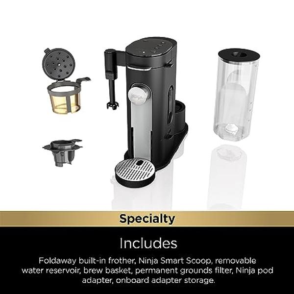 Cafetera de especialidad monodosis Ninja Pod & Grounds, compatible con cápsulas K-Cup, prepara café molido, diseño compacto, espumador de leche integrado, depósito de 1,5 litros, c