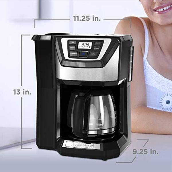 Cafetera BLACK+DECKER de 12 tazas con molinillo y preparación automáticos, cafetera de goteo, programable, con filtro reutilizable.