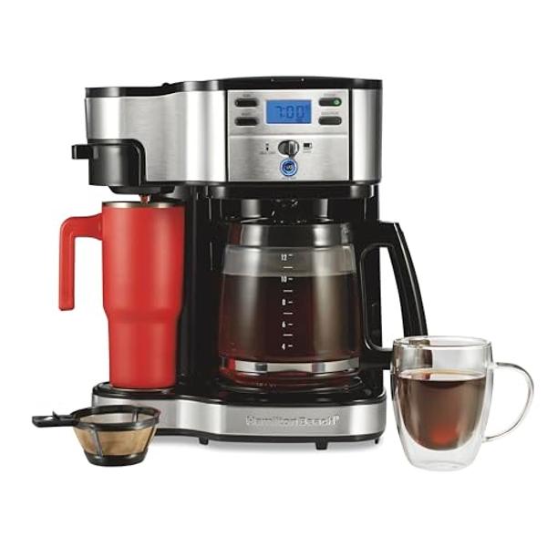 Cafetera Hamilton Beach de goteo programable de 2 vías para 12 tazas y monodosis, jarra de vidrio, pausa y vertido automáticos, color negro (49980R)