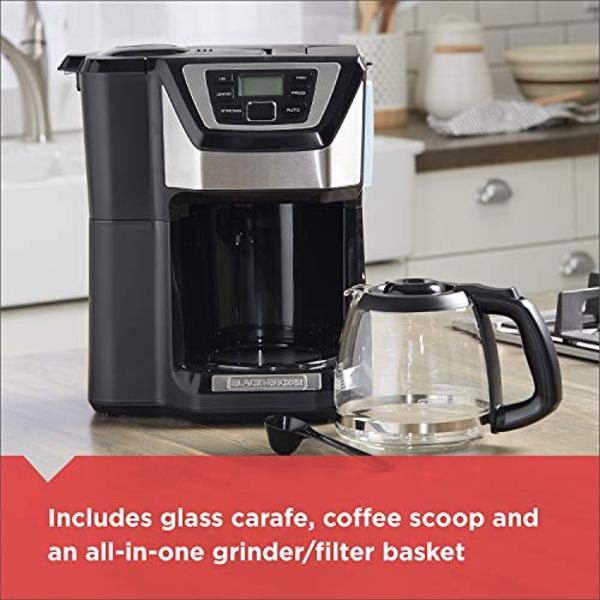 Cafetera BLACK+DECKER de 12 tazas con molinillo y preparación automáticos, cafetera de goteo, programable, con filtro reutilizable.