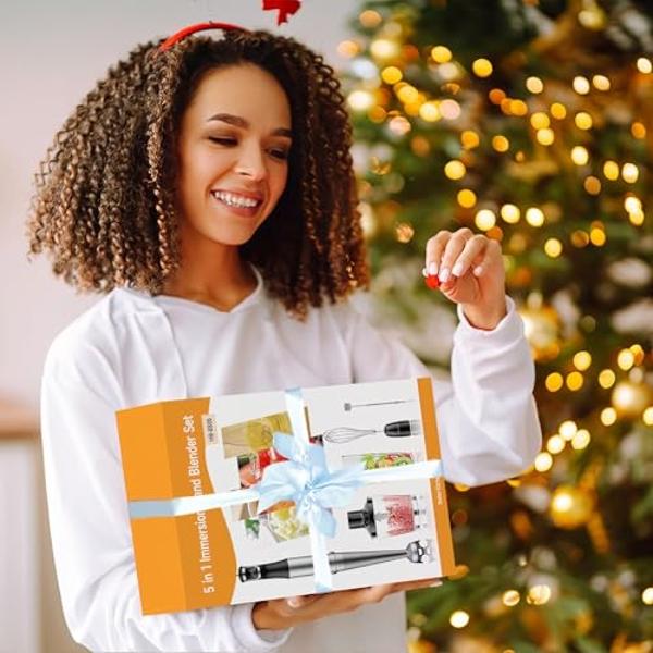 Batidora de inmersión de mano con cable, 1100 W, velocidad variable, 5 en 1, emulsionante con picadora, batidor y espumador para sopas, papillas y batidos.