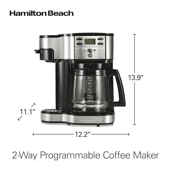 Cafetera Hamilton Beach de goteo programable de 2 vías para 12 tazas y monodosis, jarra de vidrio, pausa y vertido automáticos, color negro (49980R)