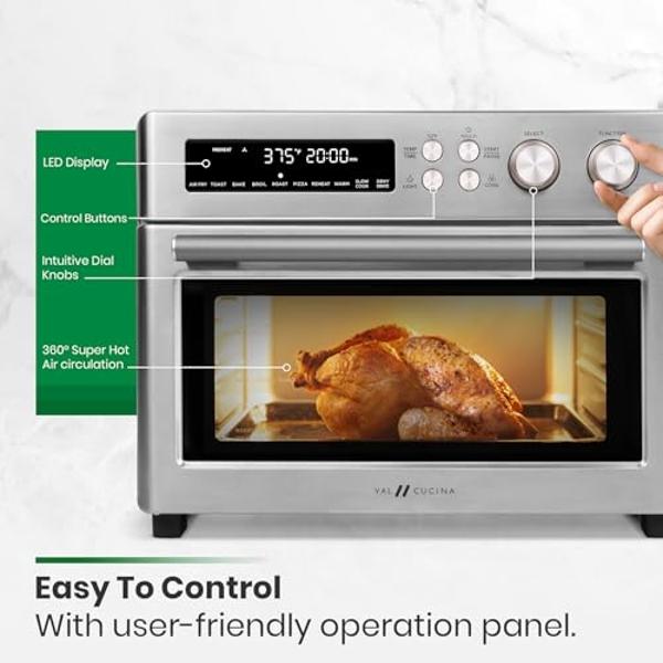 VAL CUCINA - Horno tostador y freidora de aire con calefacción por infrarrojos, horno de convección de encimera extragrande 10 en 1, capacidad para 6 rebanadas, bandeja esmaltada p