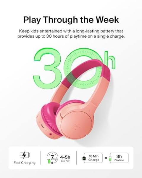 Belkin SoundForm Mini con estuche: auriculares inalámbricos Bluetooth para niños con 30 horas de batería, límite de volumen seguro de 85 dB y micrófono integrado. Auriculares supra