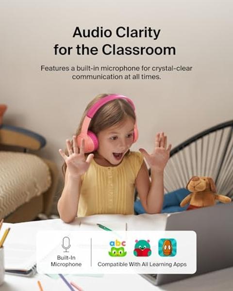 Belkin SoundForm Mini con estuche: auriculares inalámbricos Bluetooth para niños con 30 horas de batería, límite de volumen seguro de 85 dB y micrófono integrado. Auriculares supra