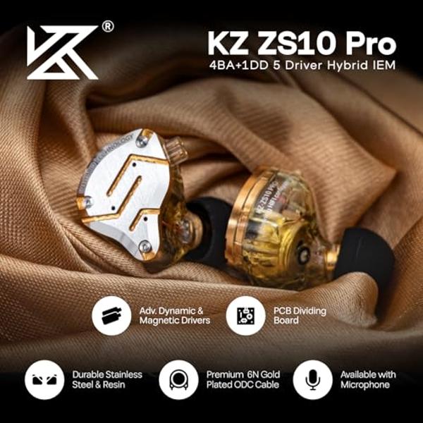 Linsoul KZ ZS10 Pro, 4BA+1DD, 5 controladores, auriculares intraaurales con cable HiFi, auriculares para juegos, auriculares híbridos IEM con placa frontal de acero inoxidable y ca