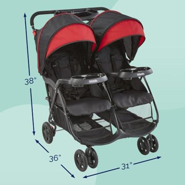 Kolcraft Cloud Plus - Cochecito doble ligero de lado a lado para bebé y niño pequeño con asientos reclinables, bandejas para padres e hijos, amplio espacio de almacenamiento, capot