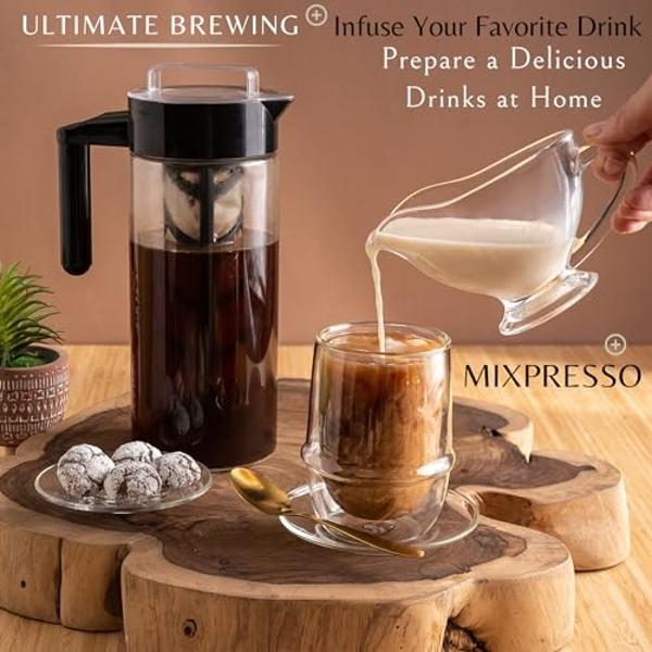 Cafetera de café frío Mixpresso para café helado y té helado, jarra de vidrio para cafetera fría, infusor de té para té de hojas sueltas, cafetera de té helado grande de 44 oz con 