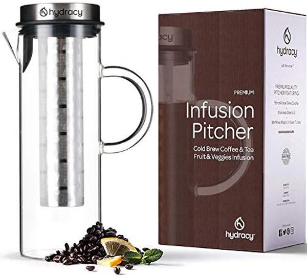 Cafetera de café frío Mixpresso para café helado y té helado, jarra de vidrio para cafetera fría, infusor de té para té de hojas sueltas, cafetera de té helado grande de 44 oz con 