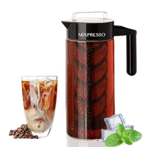 Cafetera de café frío Mixpresso para café helado y té helado, jarra de vidrio para cafetera fría, infusor de té para té de hojas sueltas, cafetera de té helado grande de 44 oz con 