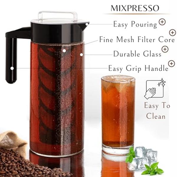 Cafetera de café frío Mixpresso para café helado y té helado, jarra de vidrio para cafetera fría, infusor de té para té de hojas sueltas, cafetera de té helado grande de 44 oz con 