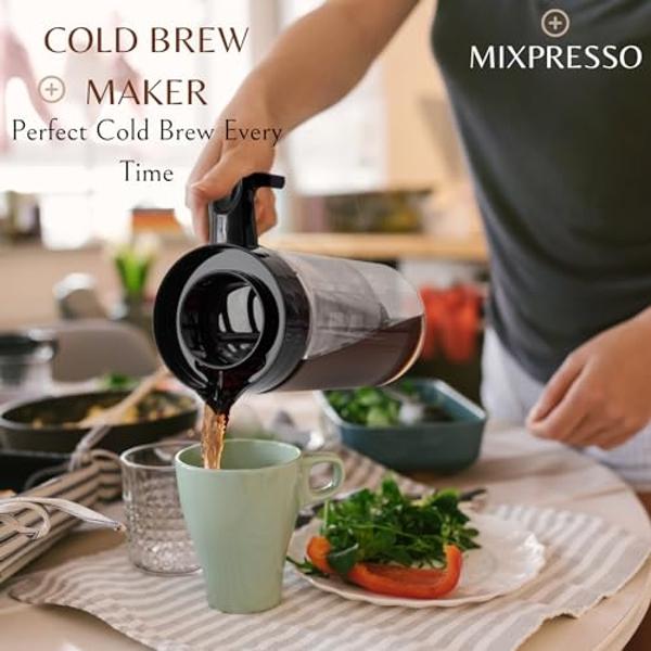 Cafetera de café frío Mixpresso para café helado y té helado, jarra de vidrio para cafetera fría, infusor de té para té de hojas sueltas, cafetera de té helado grande de 44 oz con 
