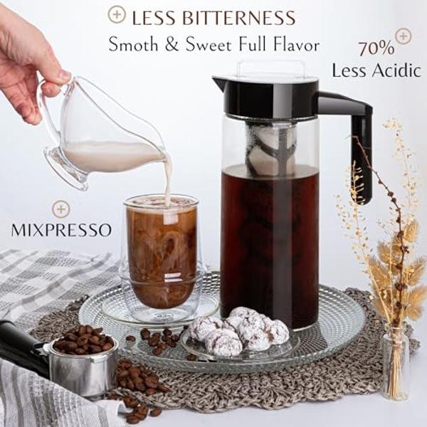 Cafetera de café frío Mixpresso para café helado y té helado, jarra de vidrio para cafetera fría, infusor de té para té de hojas sueltas, cafetera de té helado grande de 44 oz con 