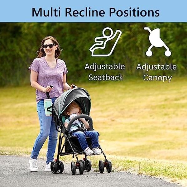 Cochecito de bebé Dream On Me Vista Moonwalk en menta. Ligero, plegable y compacto, reclinable en varias posiciones, con capota, amplio espacio de almacenamiento y portavasos.