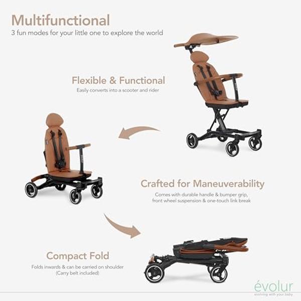 Cochecito Evolur Cruise Rider con capota, ligero y plegable, fácil de transportar, color coñac