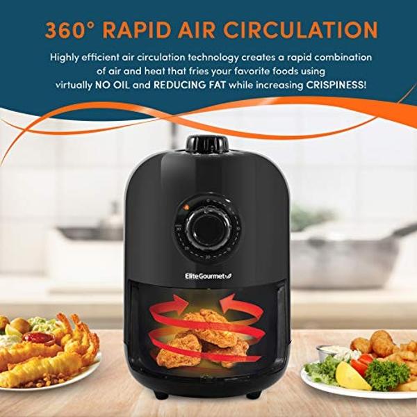 Elite Gourmet EAF1121 Freidora de aire caliente eléctrica compacta y personal de 1.1 cuartos, ahorra espacio, sin aceite, saludable, con temporizador y controles de temperatura, 10