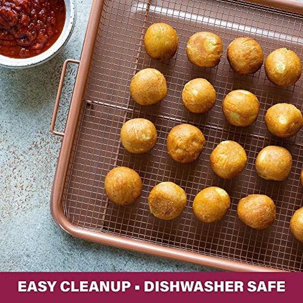 Bandeja de acero Gotham para freidora de aire, 2 piezas, cestas de cobre antiadherentes para freír en horno de convección, ideal para hornear y dorar alimentos, apta para lavavajil