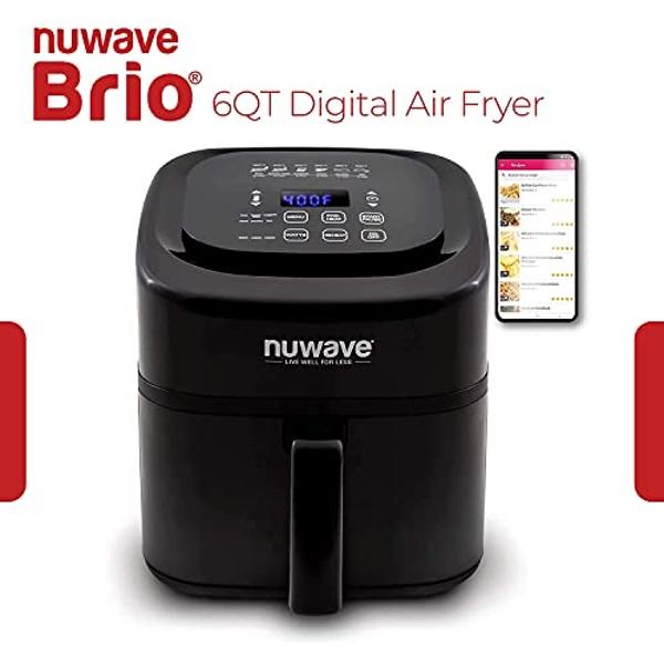 Freidora de aire digital Nuwave Brio Healthy de 6 cuartos con controles digitales de un solo toque, 6 funciones de menú preestablecidas y divisor extraíble (renovada)