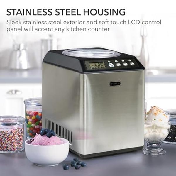 Máquina para hacer helados Whynter automática vertical de 2.1 cuartos con compresor integrado, pantalla digital LCD y temporizador, sin precongelación, ICM-201SB, acero inoxidable