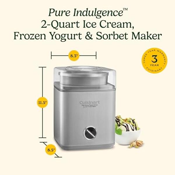 Máquina para hacer helados CUISINART, para hacer helados y yogur helado, recipiente para congelador de 2 cuartos con doble aislamiento, plateada, ICE30BCP1