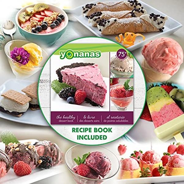 Máquina para hacer helados suaves de fruta congelada sin lácteos vegana Yonanas 988TL Deluxe, sin BPA, incluye 75 recetas, 200 vatios, color verde azulado