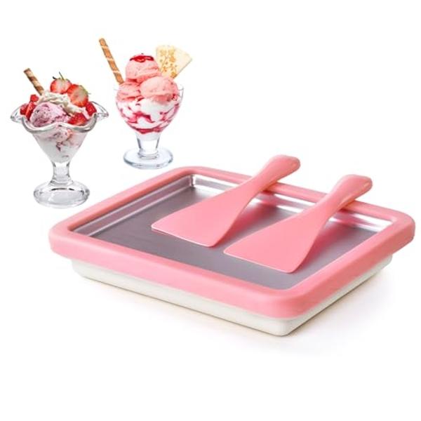 Máquina para hacer helados enrollados ROEDEER, con 2 espátulas, ideal para hacer helados caseros, incluye libro de recetas, regalo divertido para niños, color rosa y blanco