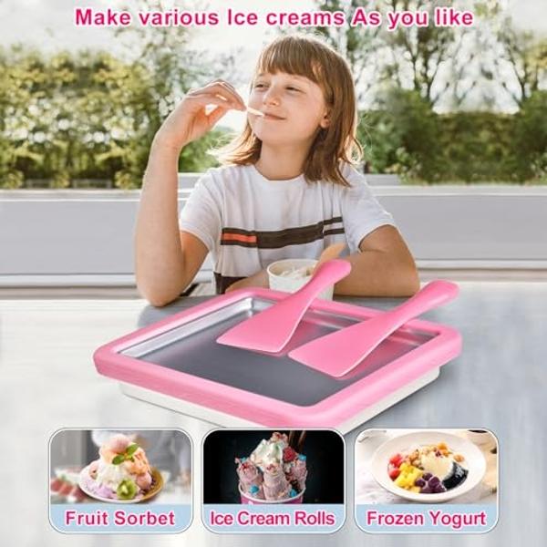 Máquina para hacer helados enrollados ROEDEER, con 2 espátulas, ideal para hacer helados caseros, incluye libro de recetas, regalo divertido para niños, color rosa y blanco