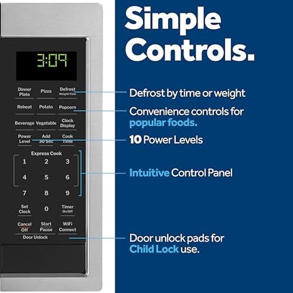 Horno microondas inteligente de encimera GE GCST09U1WSS, tecnología Scan-to-Cook y conectividad wifi, 900 vatios, seguro para niños, 0.9 pies cúbicos, acero inoxidable