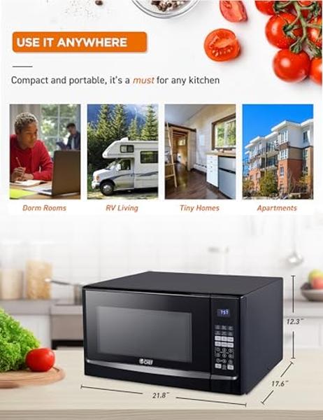 Horno microondas pequeño de encimera Magic Chef de acero inoxidable de 900 vatios y 0.9 pies cúbicos para espacios compactos con 6 modos de cocción preprogramados, color blanco