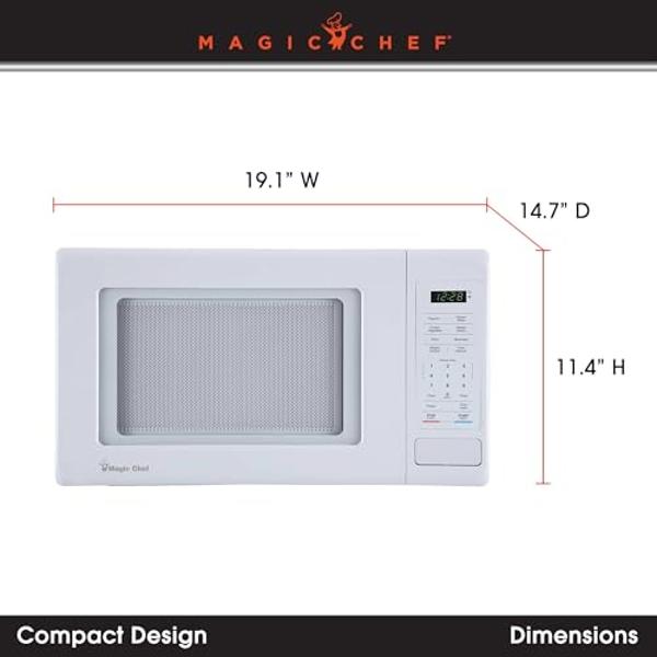 Horno microondas pequeño de encimera Magic Chef de acero inoxidable de 900 vatios y 0.9 pies cúbicos para espacios compactos con 6 modos de cocción preprogramados, color blanco