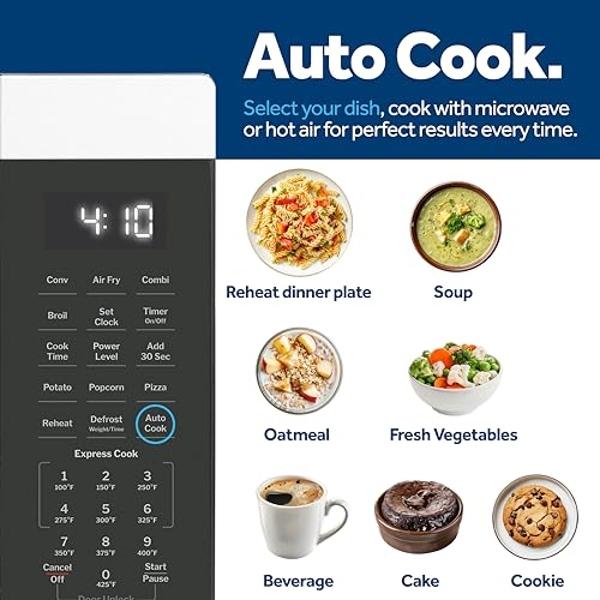 Horno microondas GE GCST10A1WSS 4 en 1, freidora de aire de 1050 vatios, modo asador y convección, bloqueo para niños, esencial para la cocina, ideal para la encimera o el dormitor