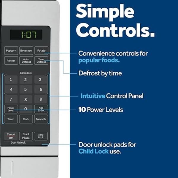 Horno microondas GE GCST07N1WBB, 700 vatios, 6 ajustes de cocción automáticos, bloqueo para niños, accesorio esencial de cocina para encimera, dormitorio o apartamento, 0.7 pies cú