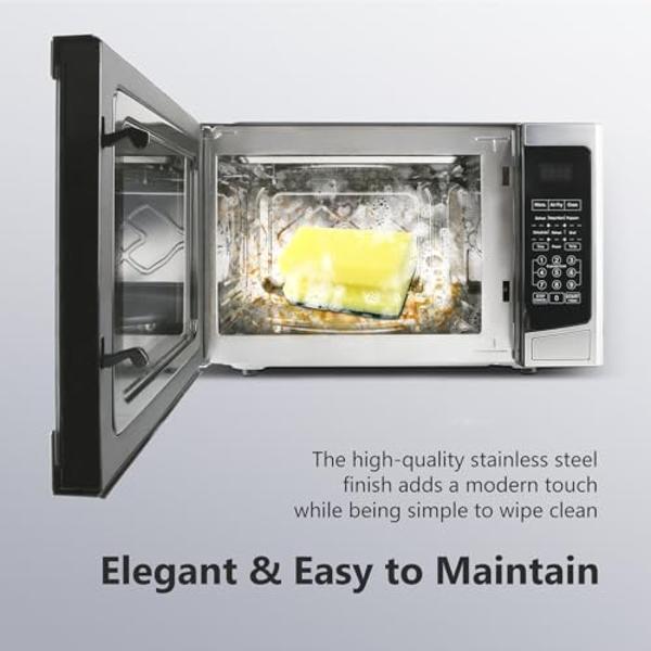 Horno microondas pequeño de encimera Magic Chef de acero inoxidable de 900 vatios y 0.9 pies cúbicos para espacios compactos con 6 modos de cocción preprogramados, color blanco