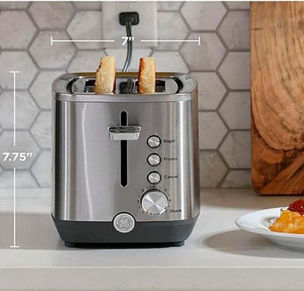 Tostadora GE de acero inoxidable para 2 rebanadas, ranuras extra anchas para tostar bagels, pan, waffles y más, 7 niveles de tostado, bandeja recogemigas extraíble, accesorio esenc