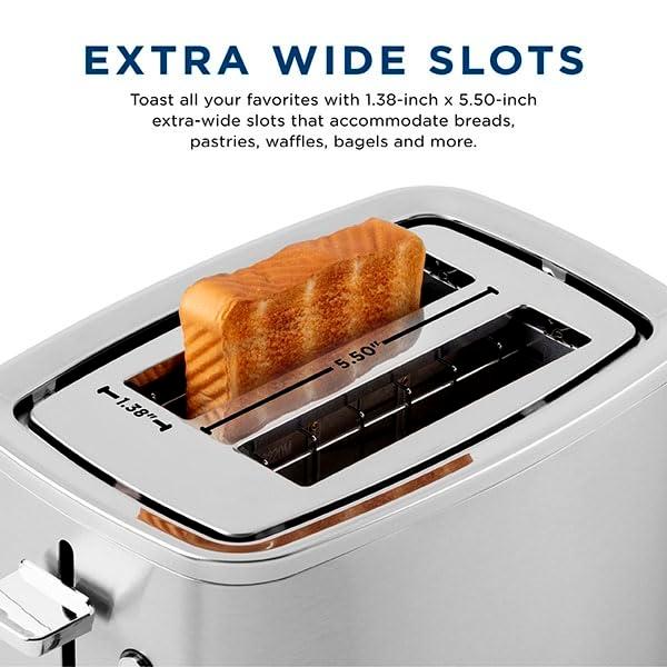 Tostadora GE de acero inoxidable para 2 rebanadas, ranuras extra anchas para tostar bagels, pan, waffles y más, 7 niveles de tostado, bandeja recogemigas extraíble, accesorio esenc