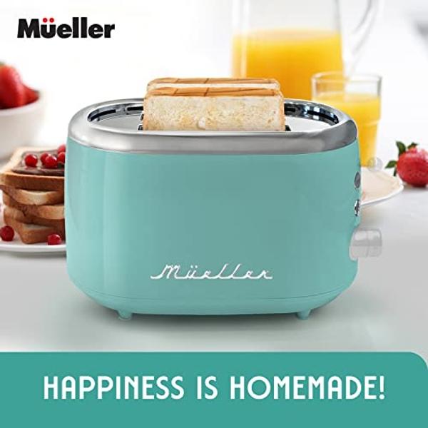 Tostadora retro MÜELLERHOME para 2 rebanadas, 7 niveles de tostado, 3 funciones (recalentar, descongelar, cancelar), bandeja recogemigas extraíble, compartimento para cable bajo la