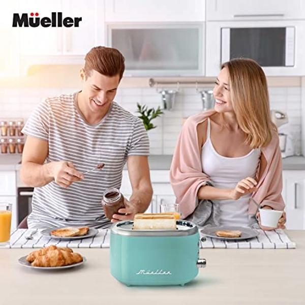 Tostadora retro MÜELLERHOME para 2 rebanadas, 7 niveles de tostado, 3 funciones (recalentar, descongelar, cancelar), bandeja recogemigas extraíble, compartimento para cable bajo la