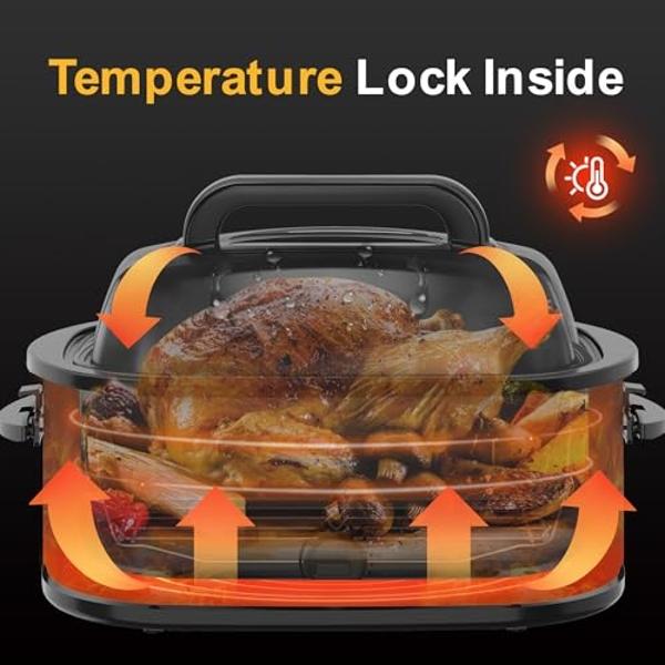 Horno asador eléctrico de 26 cuartos de galón, asador de pavo eléctrico con tapa de visualización y auto-rociado, horno asador de pavo de acero inoxidable, azul