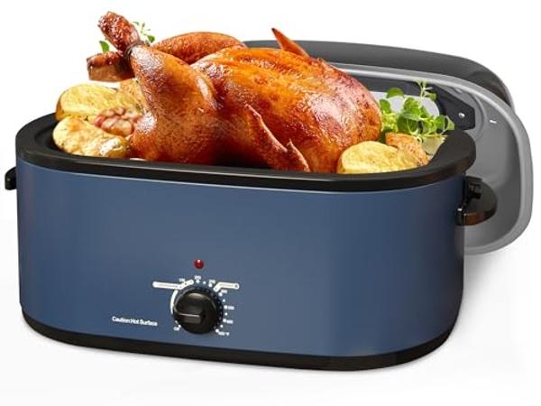 Horno asador eléctrico de 26 cuartos de galón, asador de pavo eléctrico con tapa de visualización y auto-rociado, horno asador de pavo de acero inoxidable, azul