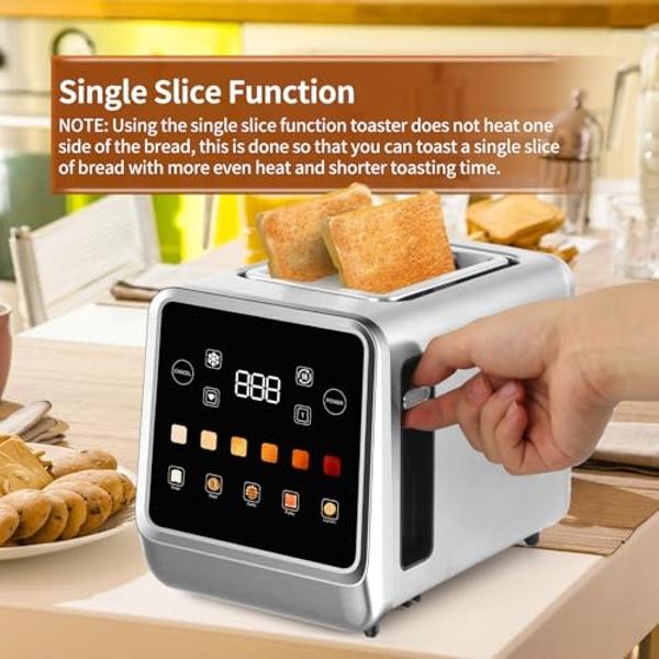 Tostadora de pantalla táctil de 2 rebanadas con pantalla LCD, tostadora de acero inoxidable con temporizador digital, 6 tipos de pan y 6 configuraciones de tostado, ranuras extra a