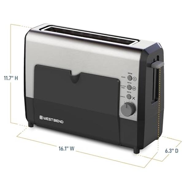 Tostadora West Bend 77222 de 2 rebanadas QuikServe con ranuras anchas deslizables, con configuraciones para bagels y sin gluten y exterior frío al tacto. Incluye bandeja para servi